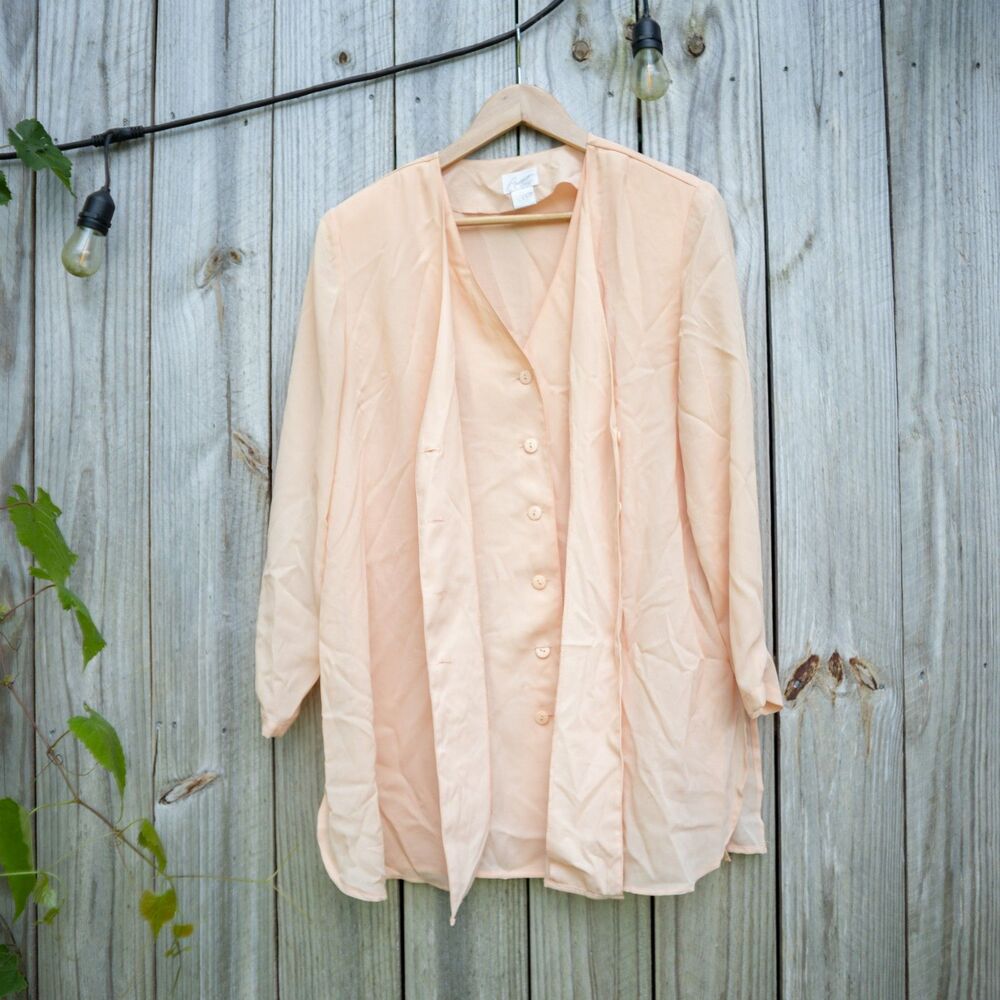 Vintage 80s Pastel Peach Layered Sheer Button Up Down Jacket Top Blouse